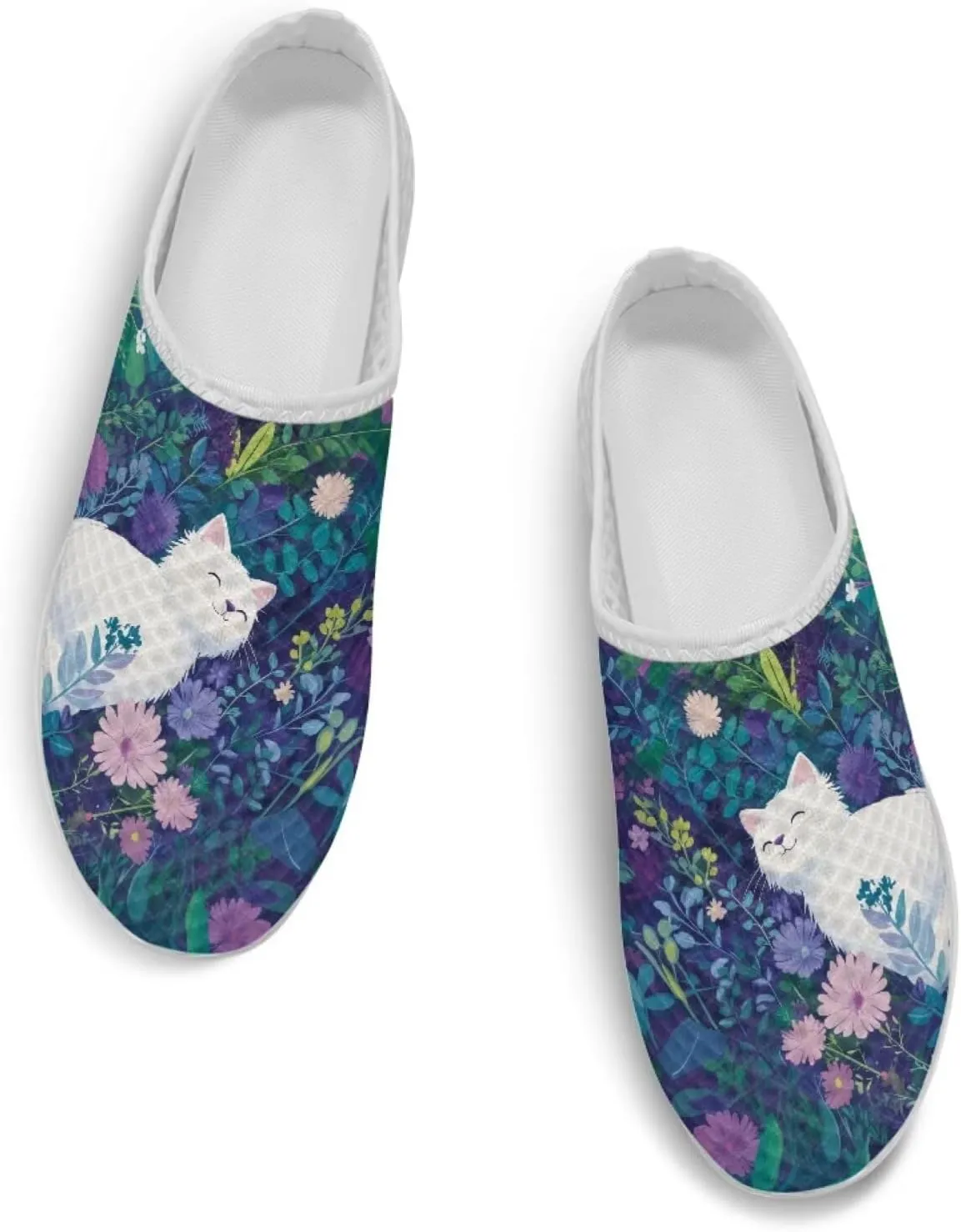 Cat Print Mule Shoes for Women Low Top Non Slip Garden Shoes Low Top Sneaker Breathable Casual Flats Mule Sneakers