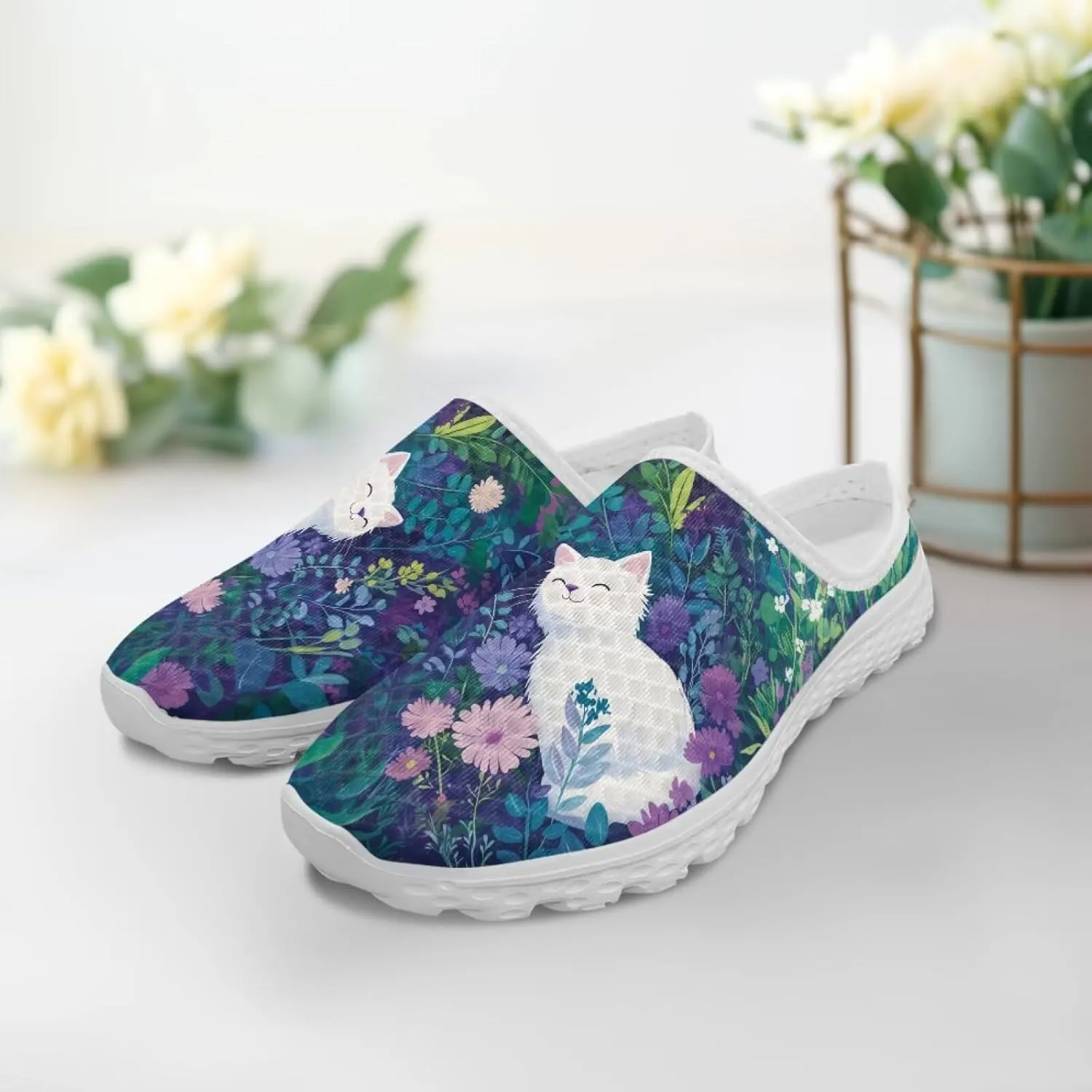 Cat Print Mule Shoes for Women Low Top Non Slip Garden Shoes Low Top Sneaker Breathable Casual Flats Mule Sneakers