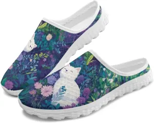 Cat Print Mule Shoes for Women Low Top Non Slip Garden Shoes Low Top Sneaker Breathable Casual Flats Mule Sneakers