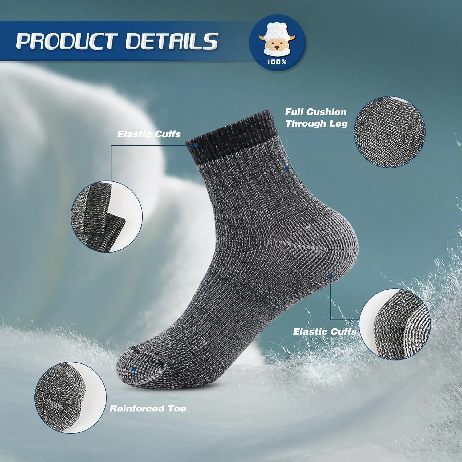 Caudblor Men's Merino Wool Hiking Socks-Thermal Warm Crew Winter Ankle for Trekking,Cycling,Multi Performance,4 Pack