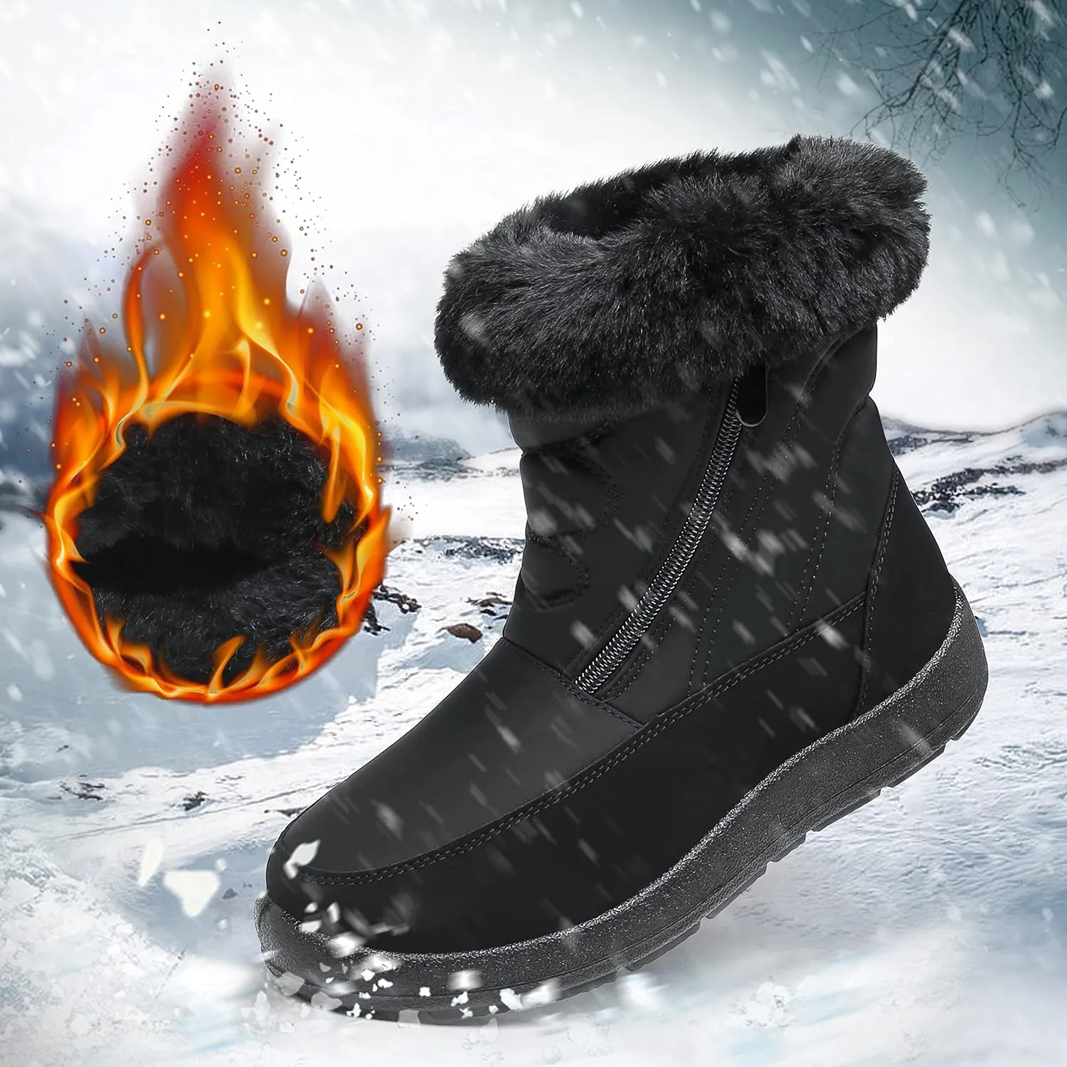 Cheval Winter Snow Zip Up Boots for Women, Fur Lined Warm Ankle Booties, Outdoor Anti-slip Waterproof Comfortable Short Boot, Botas De Invierno Para Mujert