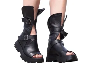 Chic Black Buckle Strap Open Toe Leather Booties with Side Cut-Out Design - Stylish and Comfortable Ankle Boots - Sizes 5 to 10