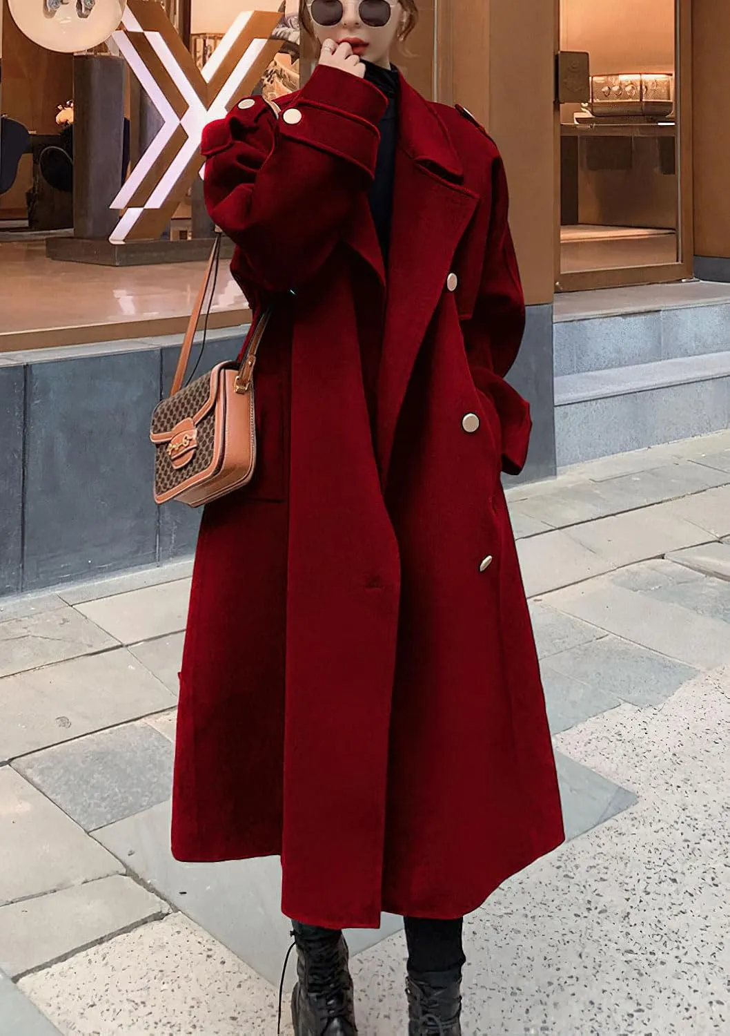 chouyatou Women's Winter Double Breasted Midi Long Wool Pea Coat Notch Lapel Winter Trench Coat