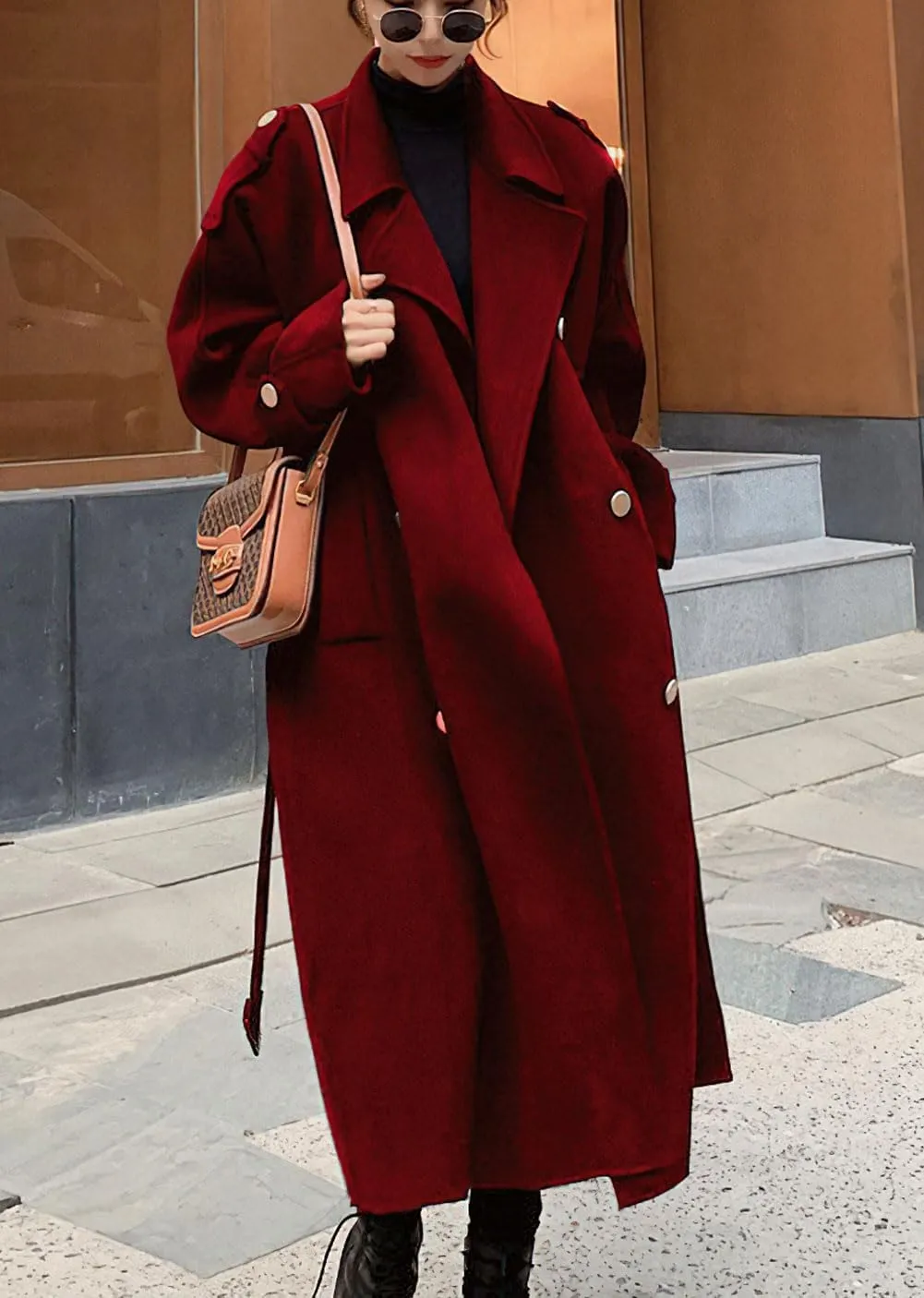 chouyatou Women's Winter Double Breasted Midi Long Wool Pea Coat Notch Lapel Winter Trench Coat