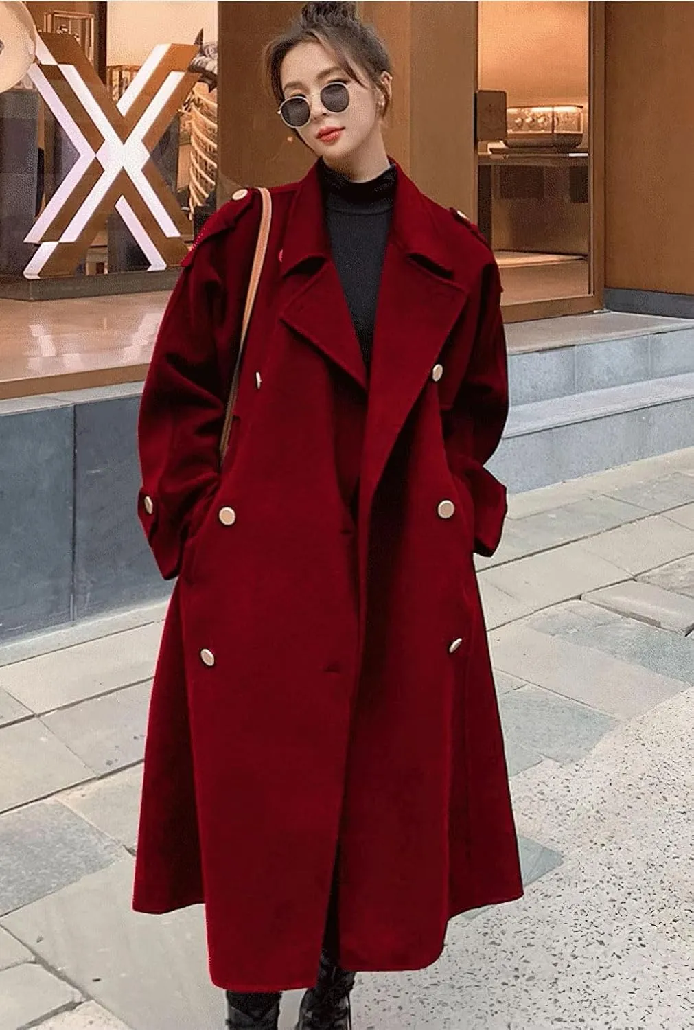 chouyatou Women's Winter Double Breasted Midi Long Wool Pea Coat Notch Lapel Winter Trench Coat