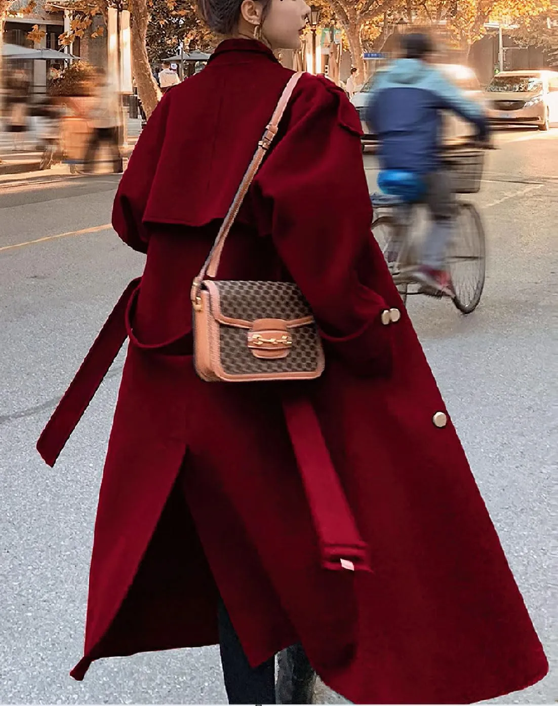 chouyatou Women's Winter Double Breasted Midi Long Wool Pea Coat Notch Lapel Winter Trench Coat