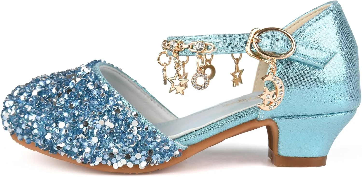 ChuLian Little Kids Girls Dress Pumps Glitter Sequins Princess Low Heels Princess Dress Shoes Party Dance Shoes Rhinestone Sandals