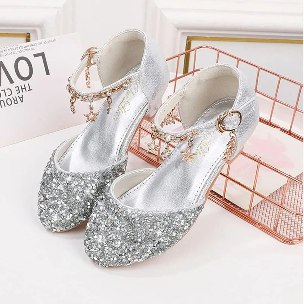 ChuLian Little Kids Girls Dress Pumps Glitter Sequins Princess Low Heels Princess Dress Shoes Party Dance Shoes Rhinestone Sandals