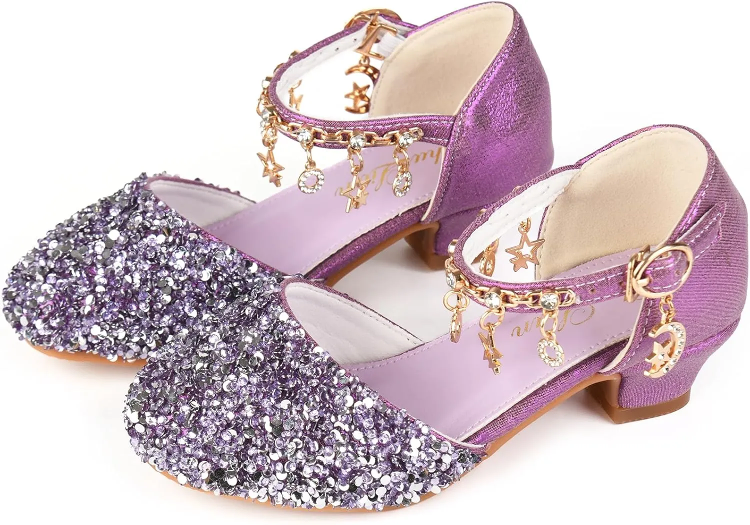 ChuLian Little Kids Girls Dress Pumps Glitter Sequins Princess Low Heels Princess Dress Shoes Party Dance Shoes Rhinestone Sandals