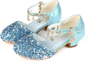 ChuLian Little Kids Girls Dress Pumps Glitter Sequins Princess Low Heels Princess Dress Shoes Party Dance Shoes Rhinestone Sandals