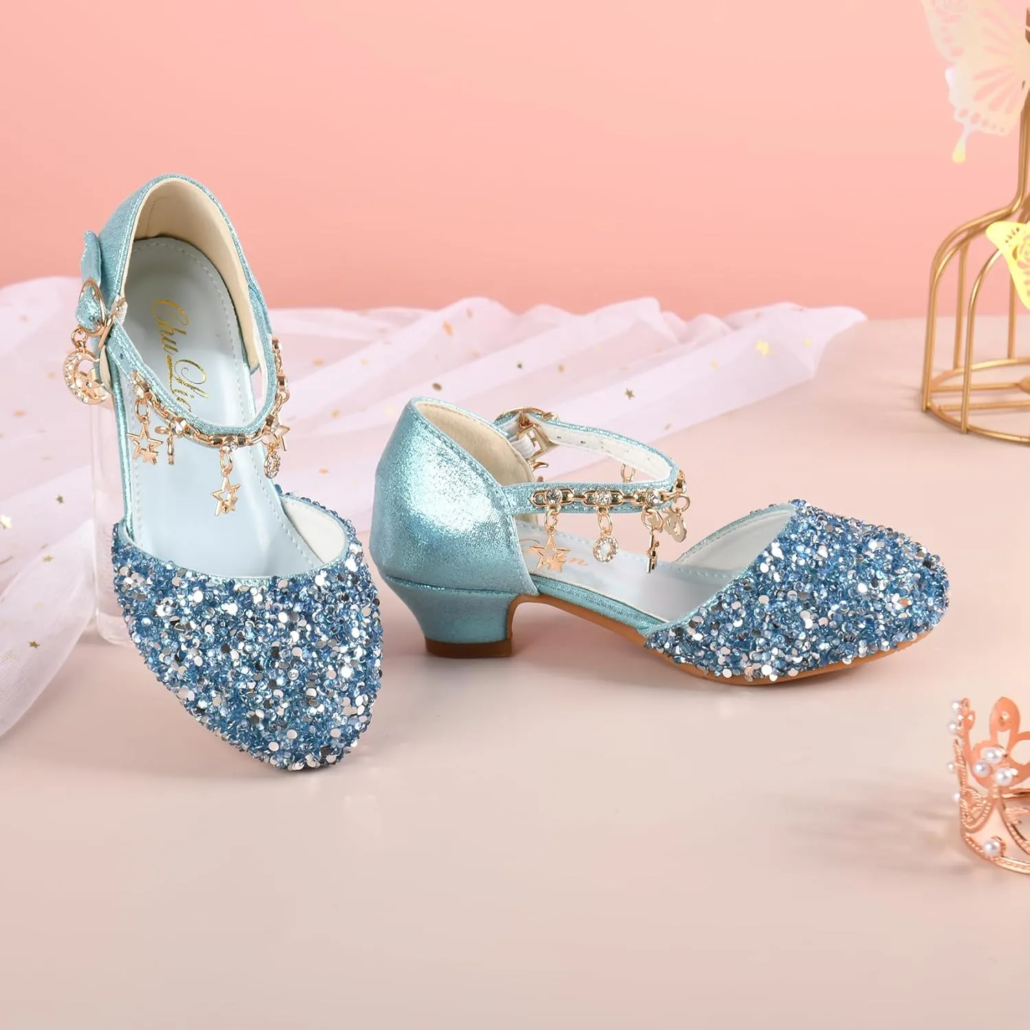ChuLian Little Kids Girls Dress Pumps Glitter Sequins Princess Low Heels Princess Dress Shoes Party Dance Shoes Rhinestone Sandals