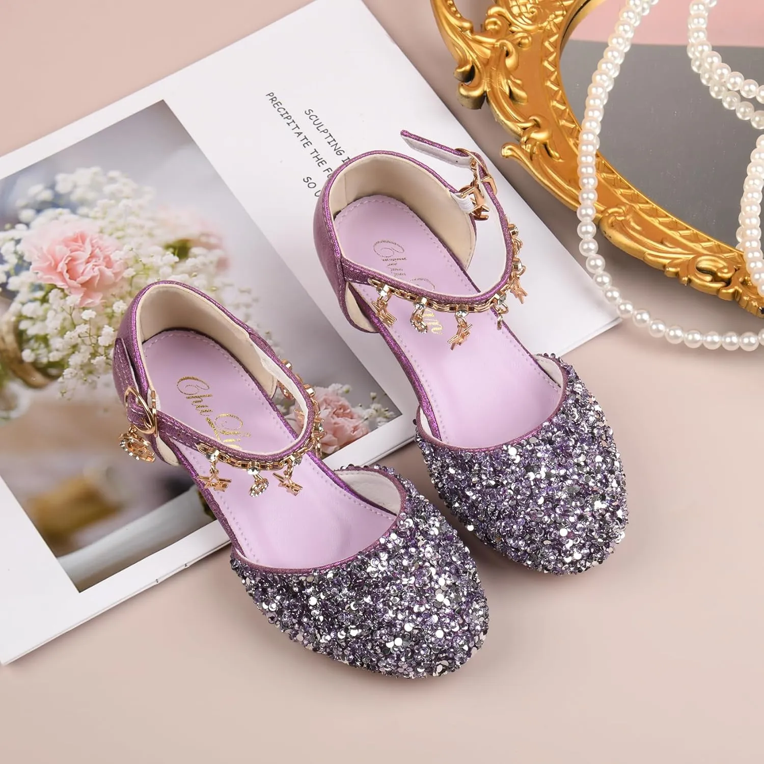 ChuLian Little Kids Girls Dress Pumps Glitter Sequins Princess Low Heels Princess Dress Shoes Party Dance Shoes Rhinestone Sandals