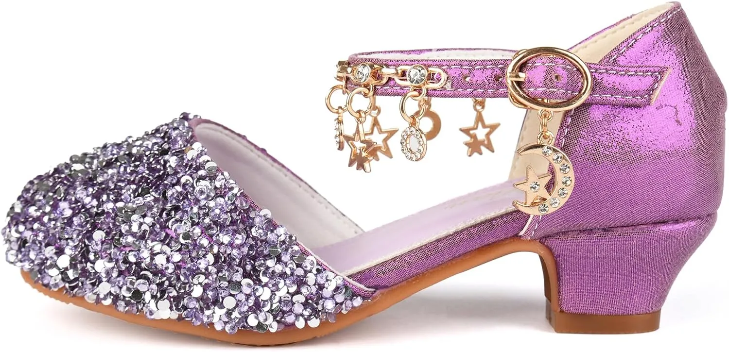 ChuLian Little Kids Girls Dress Pumps Glitter Sequins Princess Low Heels Princess Dress Shoes Party Dance Shoes Rhinestone Sandals