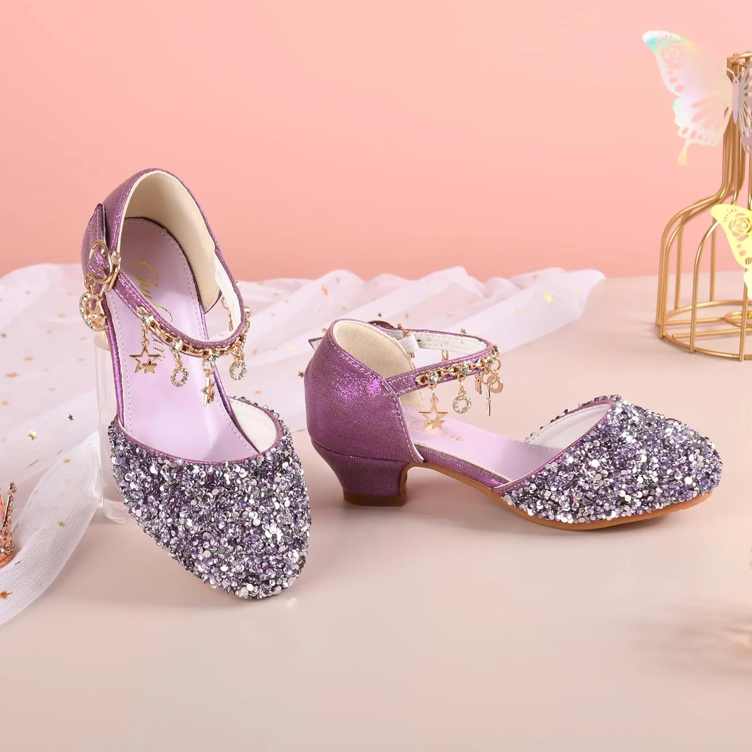 ChuLian Little Kids Girls Dress Pumps Glitter Sequins Princess Low Heels Princess Dress Shoes Party Dance Shoes Rhinestone Sandals