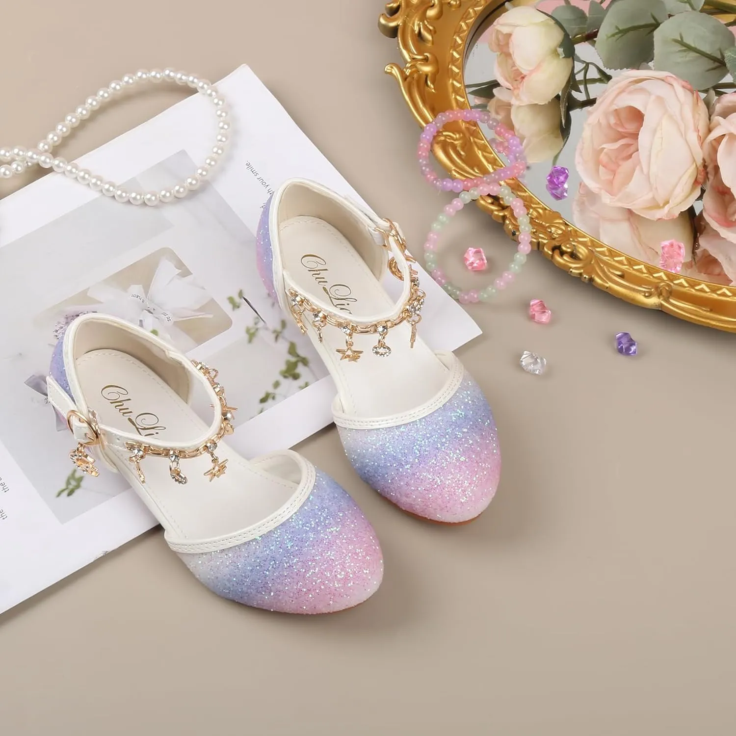 ChuLian Little Kids Girls Dress Pumps Glitter Sequins Princess Low Heels Princess Dress Shoes Party Dance Shoes Rhinestone Sandals