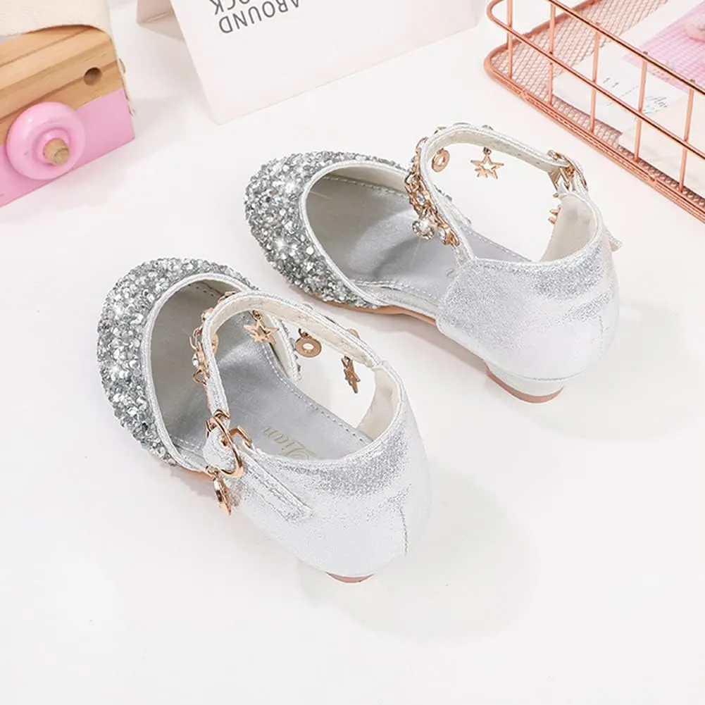 ChuLian Little Kids Girls Dress Pumps Glitter Sequins Princess Low Heels Princess Dress Shoes Party Dance Shoes Rhinestone Sandals