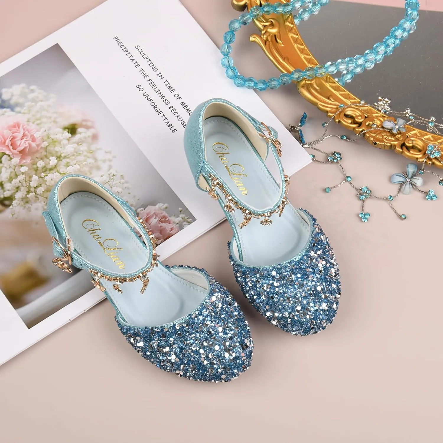ChuLian Little Kids Girls Dress Pumps Glitter Sequins Princess Low Heels Princess Dress Shoes Party Dance Shoes Rhinestone Sandals