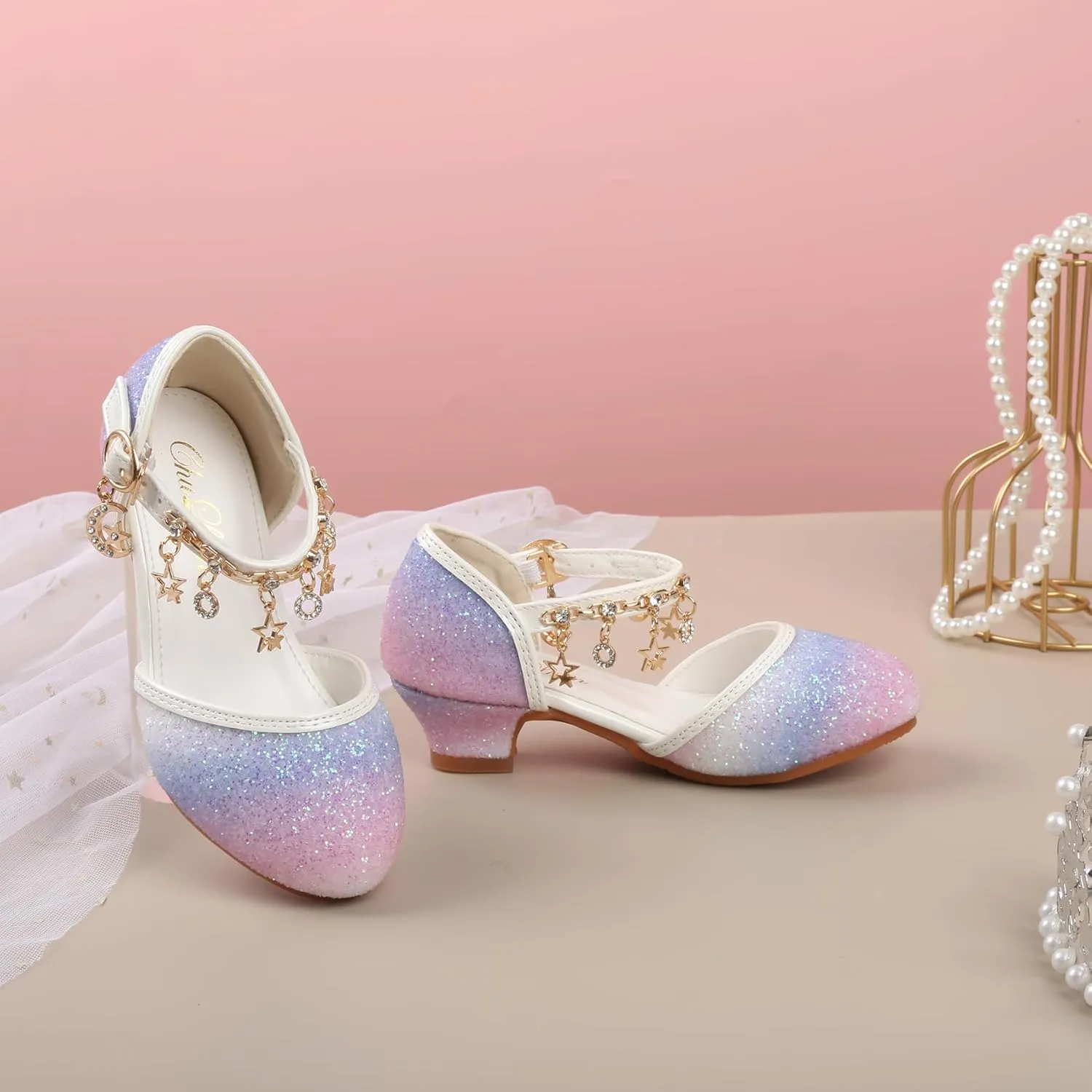 ChuLian Little Kids Girls Dress Pumps Glitter Sequins Princess Low Heels Princess Dress Shoes Party Dance Shoes Rhinestone Sandals