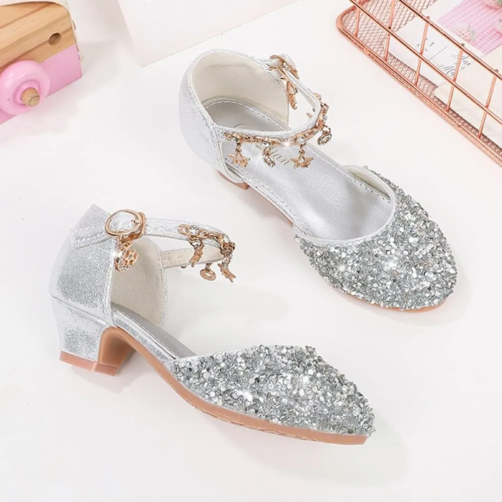 ChuLian Little Kids Girls Dress Pumps Glitter Sequins Princess Low Heels Princess Dress Shoes Party Dance Shoes Rhinestone Sandals