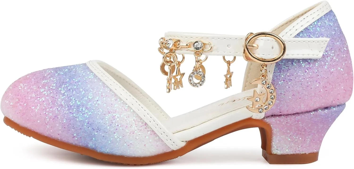 ChuLian Little Kids Girls Dress Pumps Glitter Sequins Princess Low Heels Princess Dress Shoes Party Dance Shoes Rhinestone Sandals
