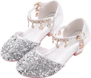 ChuLian Little Kids Girls Dress Pumps Glitter Sequins Princess Low Heels Princess Dress Shoes Party Dance Shoes Rhinestone Sandals