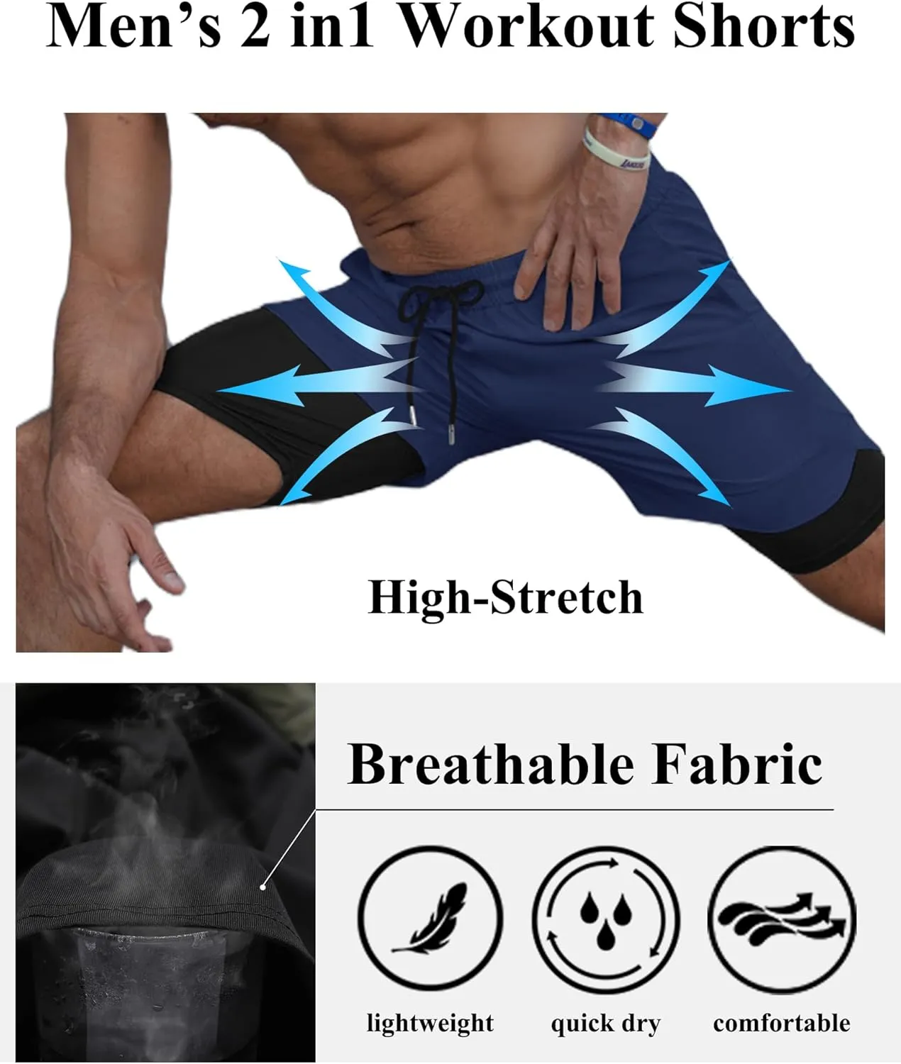 COOFANDY Men's 2 Pack Running Shorts 2 in 1 Workout Shorts Quick Dry Gym Training Athletic Jogger with Phone Pockets