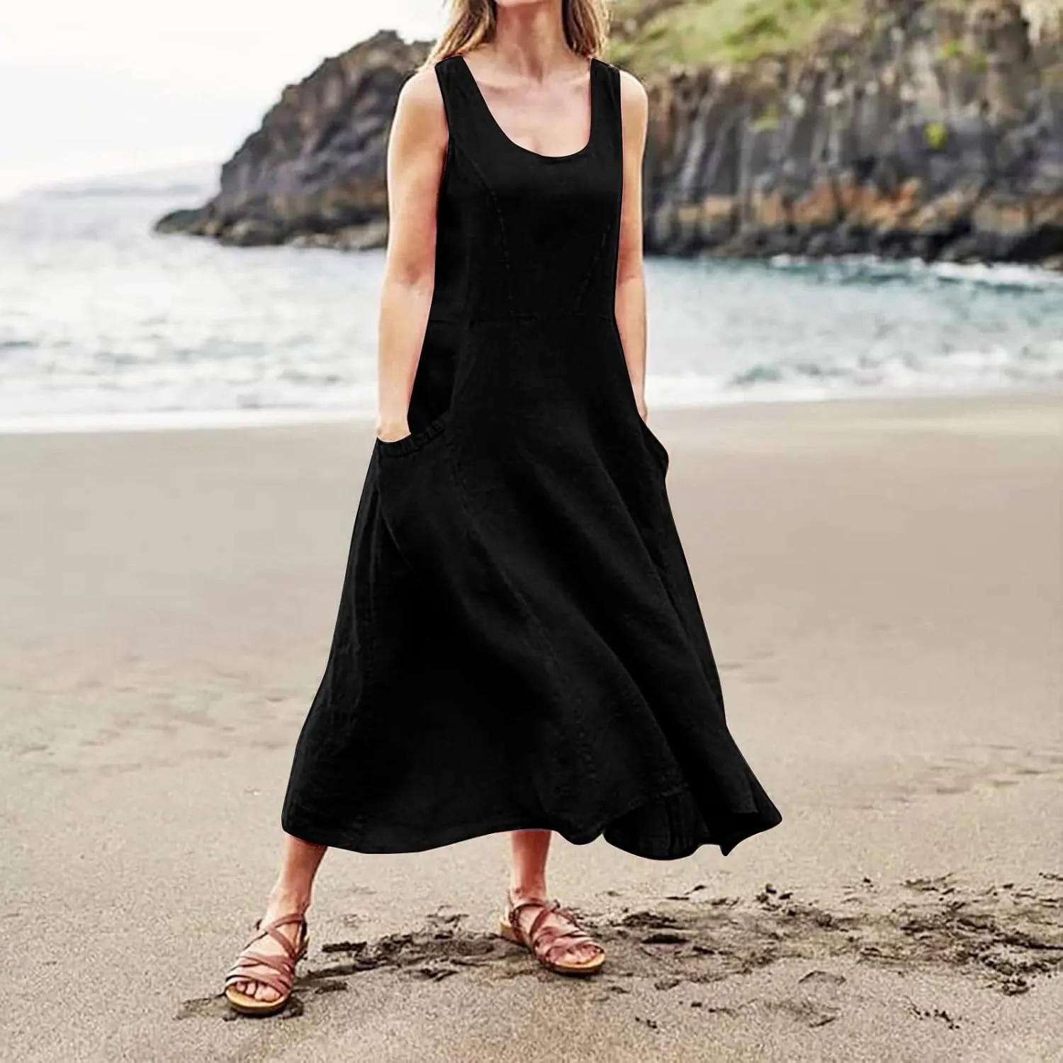 Cotton Linen Dresses for Women 2025 Casual Sleeveless Summer Beach Outfits Plus Size Spring Vacation Maxi Sundresses