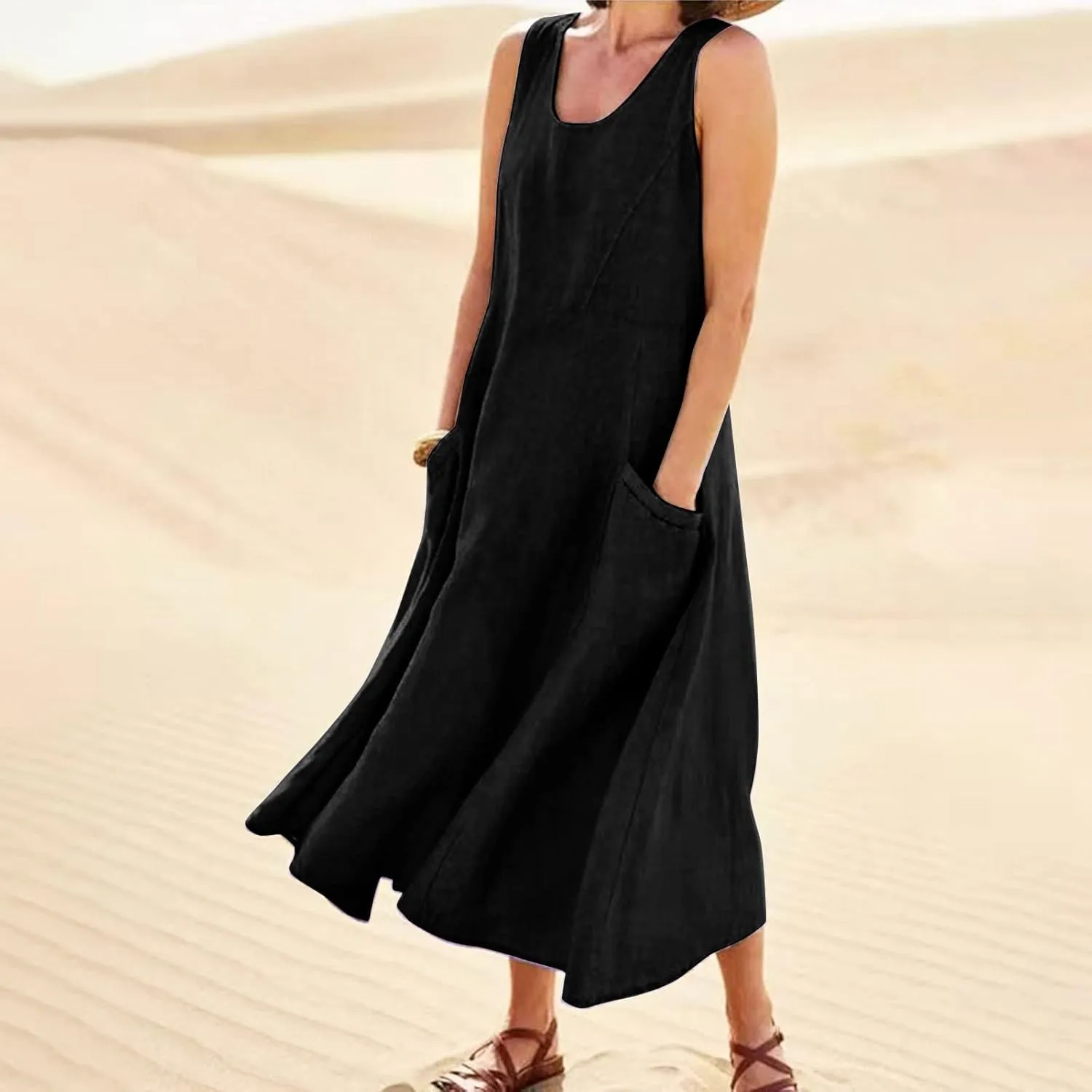 Cotton Linen Dresses for Women 2025 Casual Sleeveless Summer Beach Outfits Plus Size Spring Vacation Maxi Sundresses