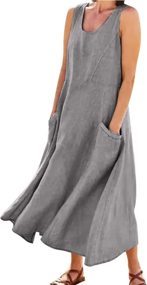 Cotton Linen Dresses for Women 2025 Casual Sleeveless Summer Beach Outfits Plus Size Spring Vacation Maxi Sundresses