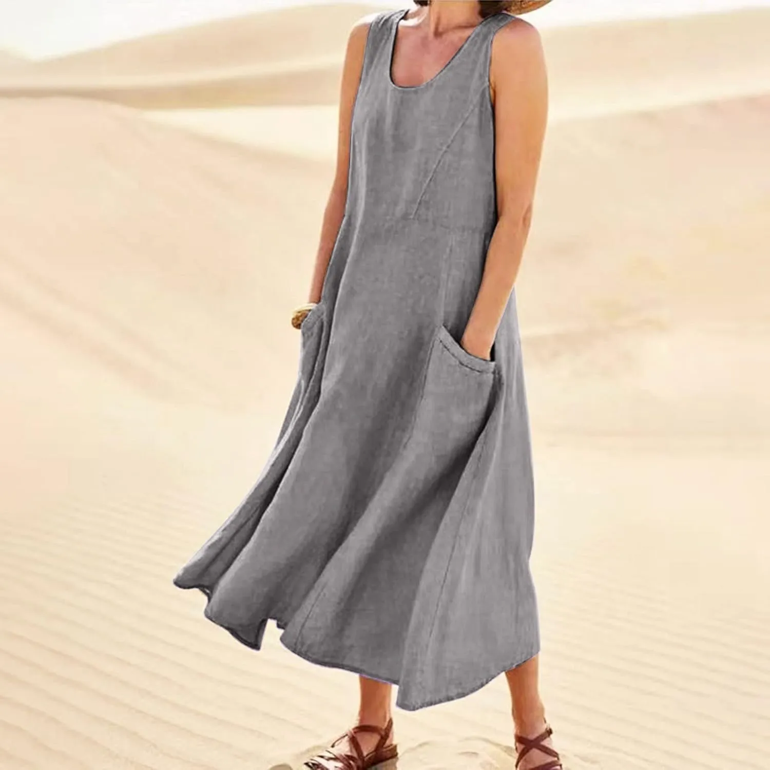 Cotton Linen Dresses for Women 2025 Casual Sleeveless Summer Beach Outfits Plus Size Spring Vacation Maxi Sundresses