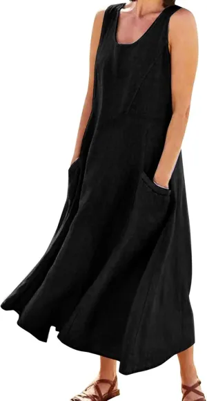 Cotton Linen Dresses for Women 2025 Casual Sleeveless Summer Beach Outfits Plus Size Spring Vacation Maxi Sundresses