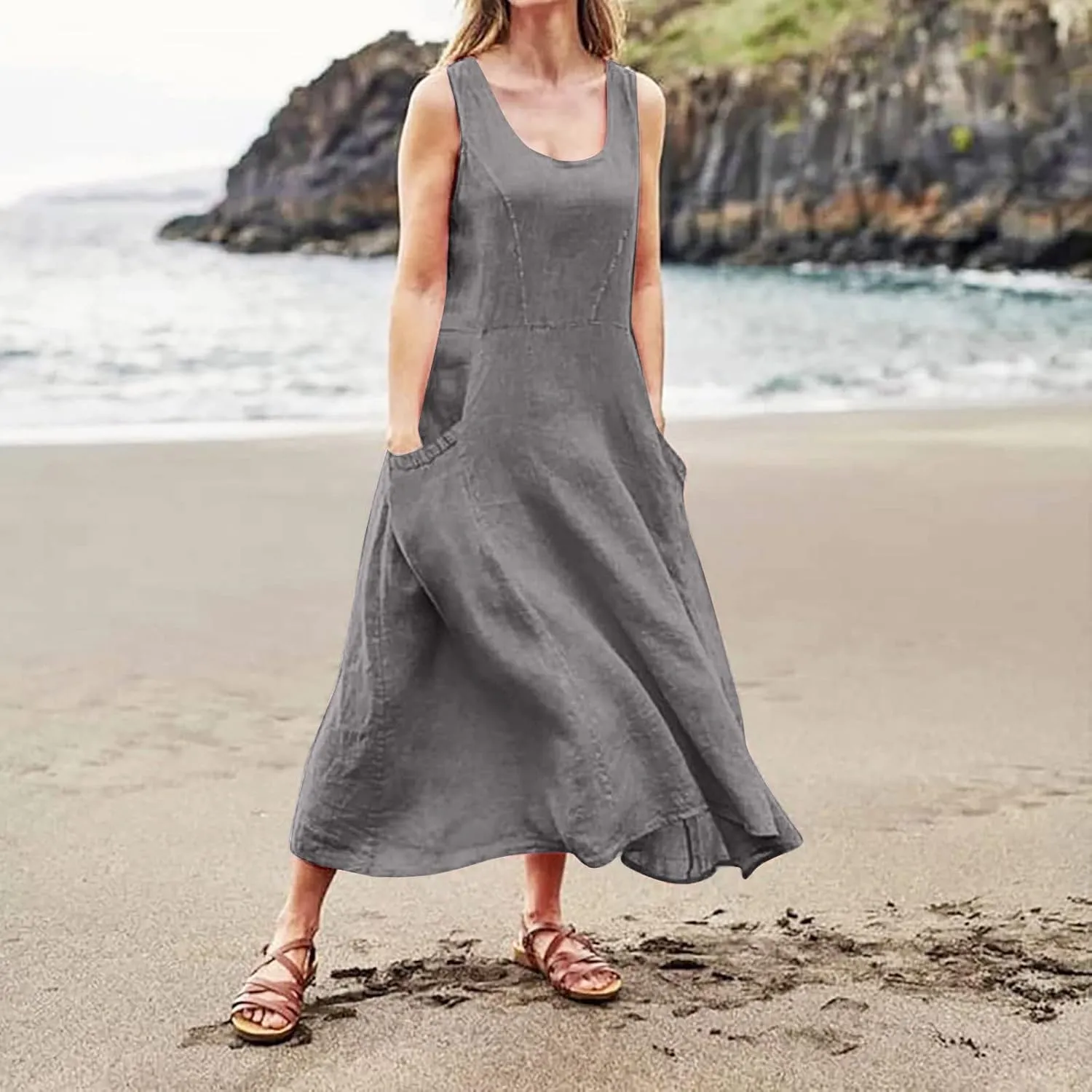 Cotton Linen Dresses for Women 2025 Casual Sleeveless Summer Beach Outfits Plus Size Spring Vacation Maxi Sundresses