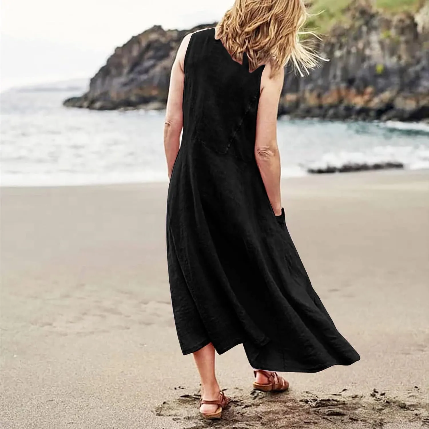 Cotton Linen Dresses for Women 2025 Casual Sleeveless Summer Beach Outfits Plus Size Spring Vacation Maxi Sundresses