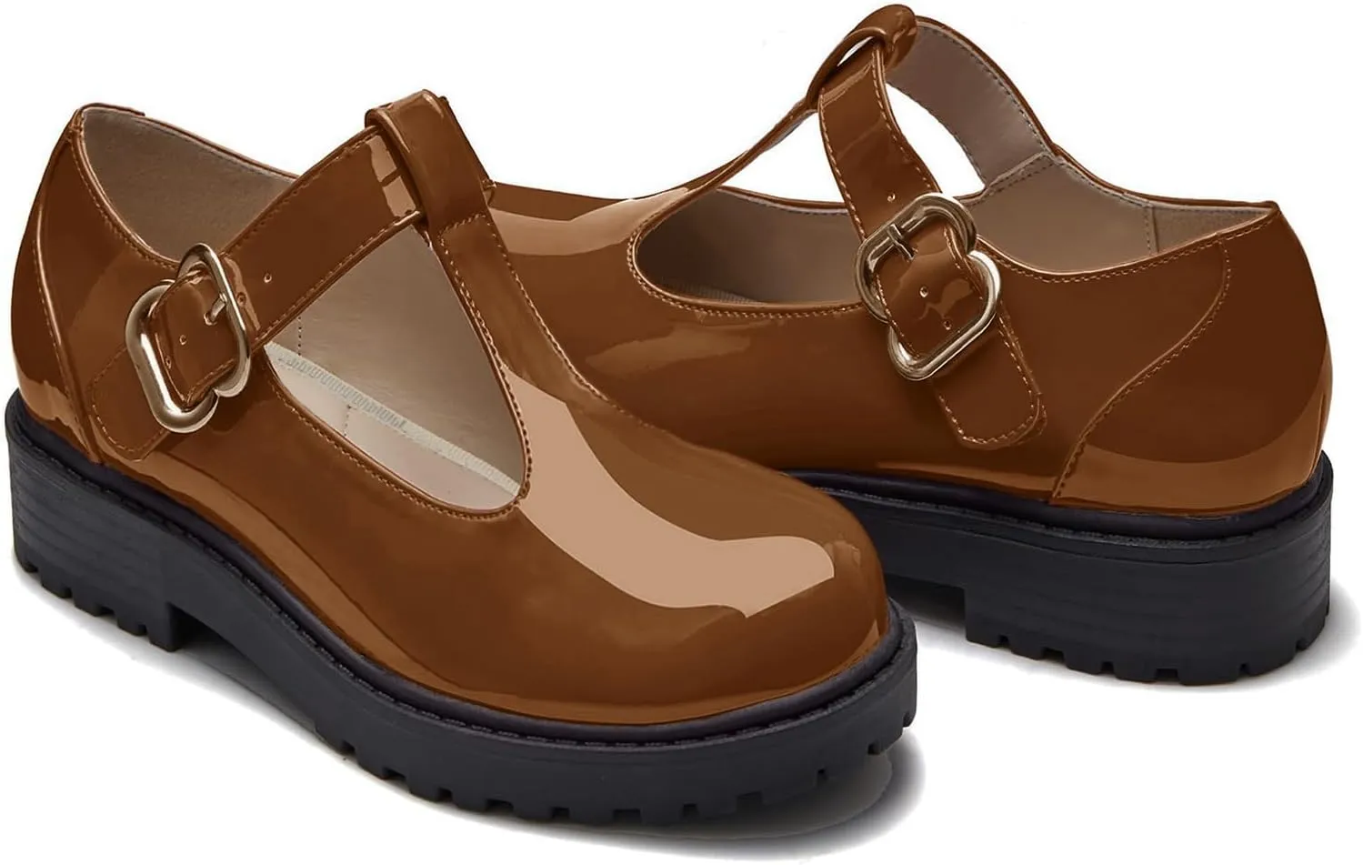 Coutgo Girls Mary Jane Dress Shoes Platform Loafers School Uniform Chunky Heel Closed Toe T-Strap Flats