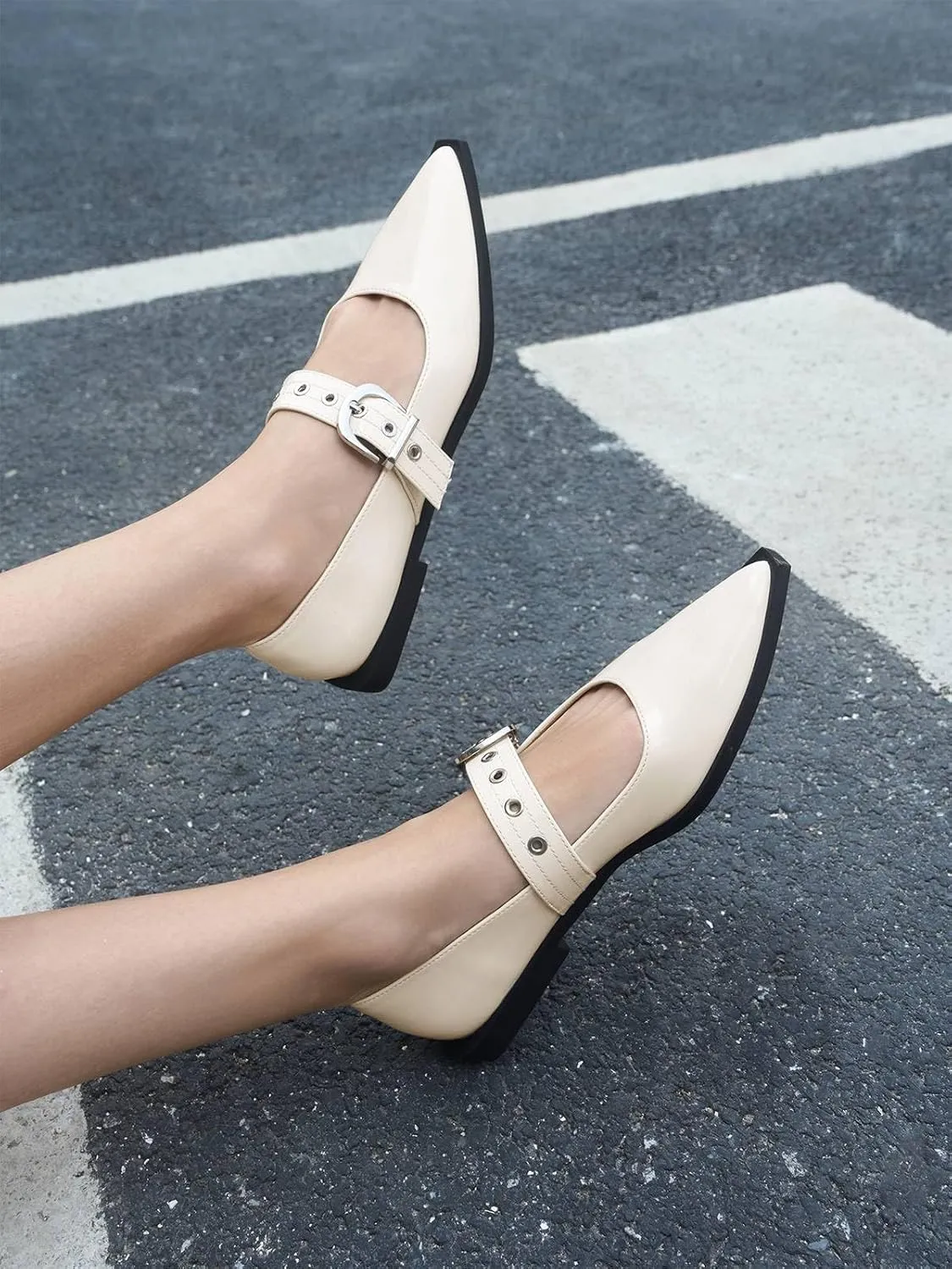 Coutgo Womens Mary Jane Flats Closed Pointed Toe Studded Metal Adjustable Buckle Dress Ballet Flat Shoes