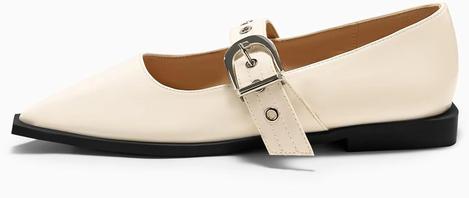 Coutgo Womens Mary Jane Flats Closed Pointed Toe Studded Metal Adjustable Buckle Dress Ballet Flat Shoes