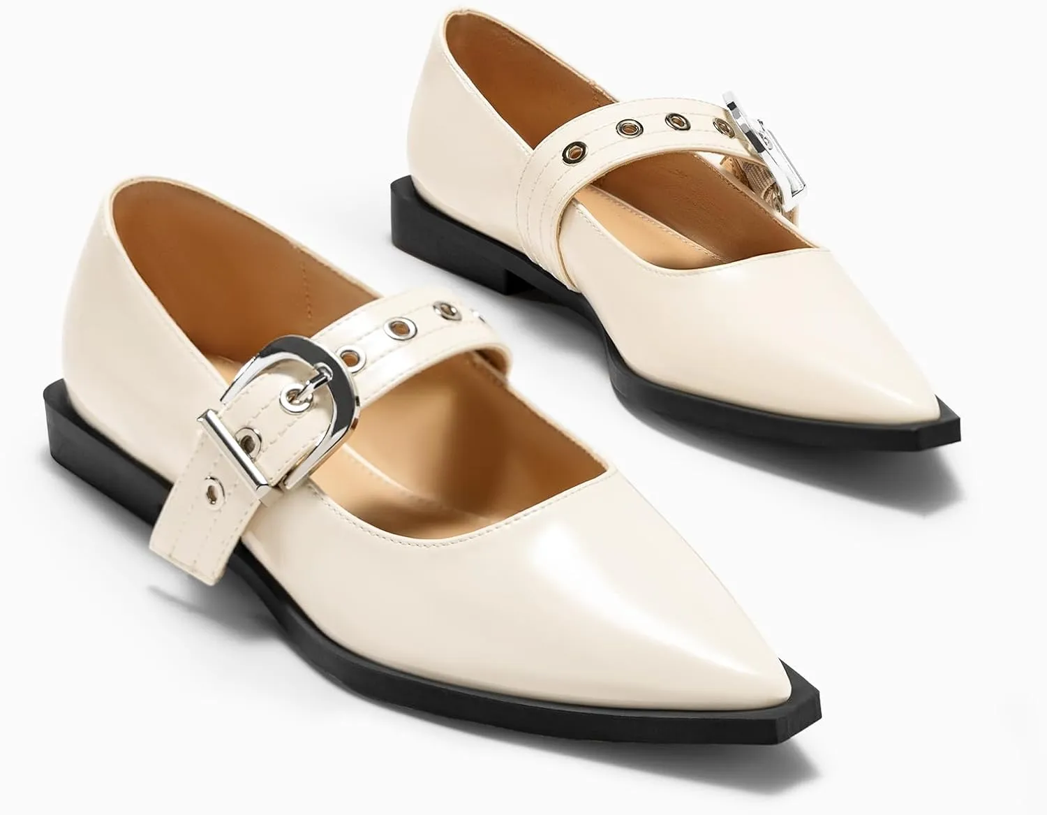 Coutgo Womens Mary Jane Flats Closed Pointed Toe Studded Metal Adjustable Buckle Dress Ballet Flat Shoes