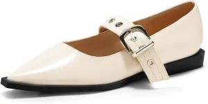Coutgo Womens Mary Jane Flats Closed Pointed Toe Studded Metal Adjustable Buckle Dress Ballet Flat Shoes
