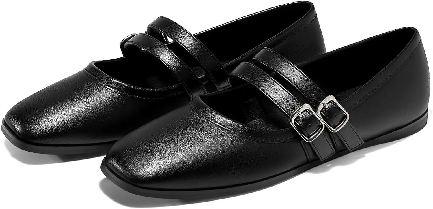 Coutgo Womens Mary Jane Flats Shoes Dressy Comfortable Square Toe Double Strap Soft Work Slip on Ballet Flat