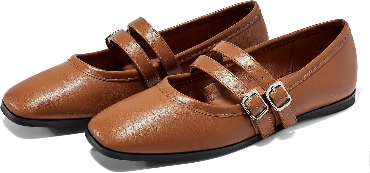 Coutgo Womens Mary Jane Flats Shoes Dressy Comfortable Square Toe Double Strap Soft Work Slip on Ballet Flat
