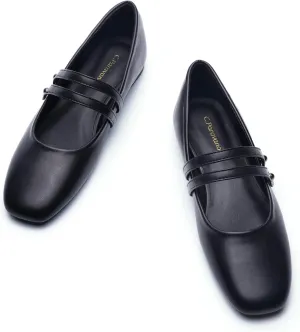 C.Paravano Mary Jane Shoes for Women, Women's Square Toe Flats, Comfort Mary Jane Flats, Slip On Dressy Ballet Flat, Leather Walking Shoes for Casual Work Office & Business (Size 6.5,Black)