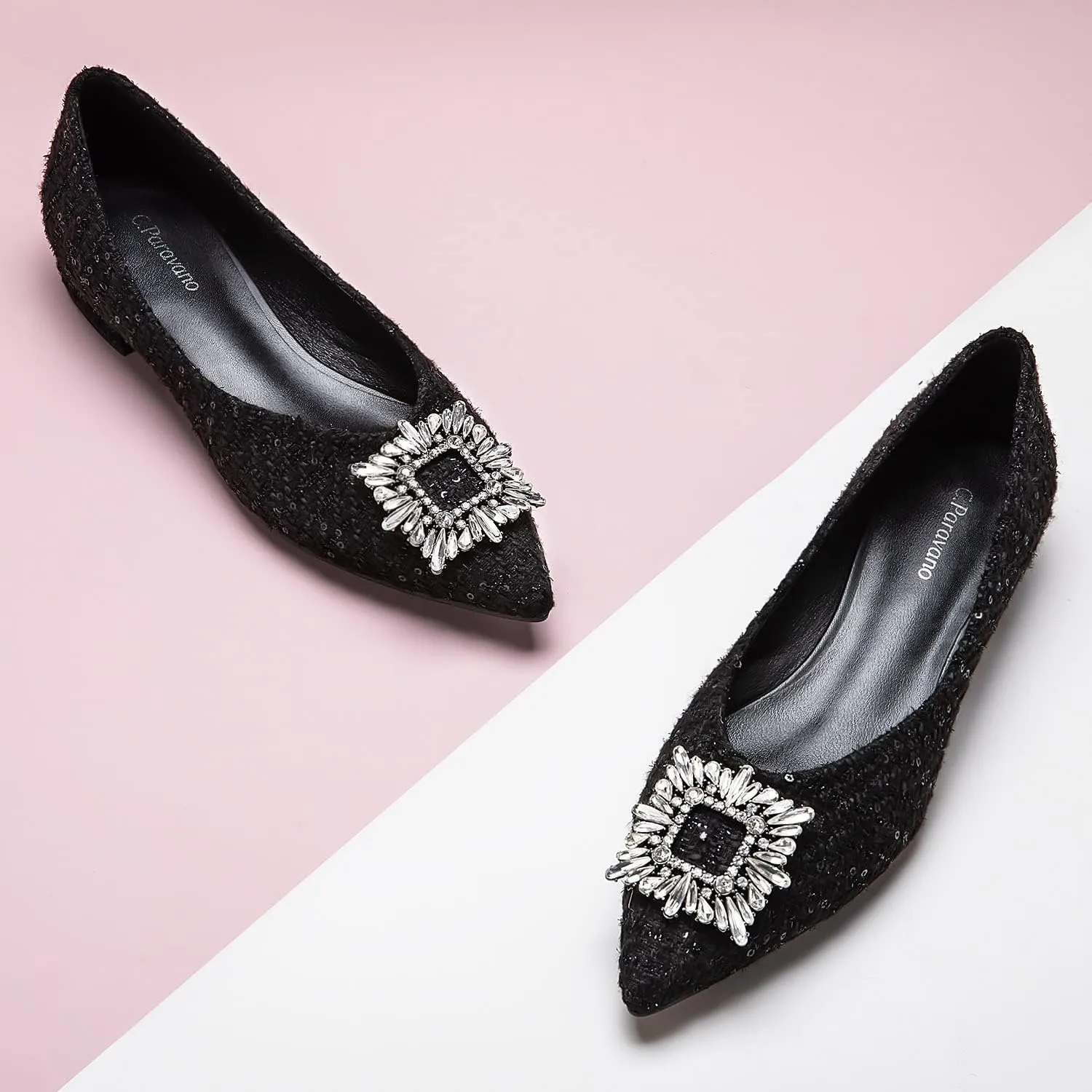 C.Paravano Women's Crystal Buckle Ballet Flats - Pointed Toe Slip On Dressy Shoes