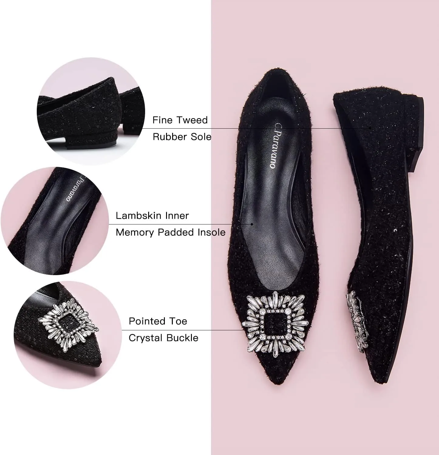 C.Paravano Women's Crystal Buckle Ballet Flats - Pointed Toe Slip On Dressy Shoes