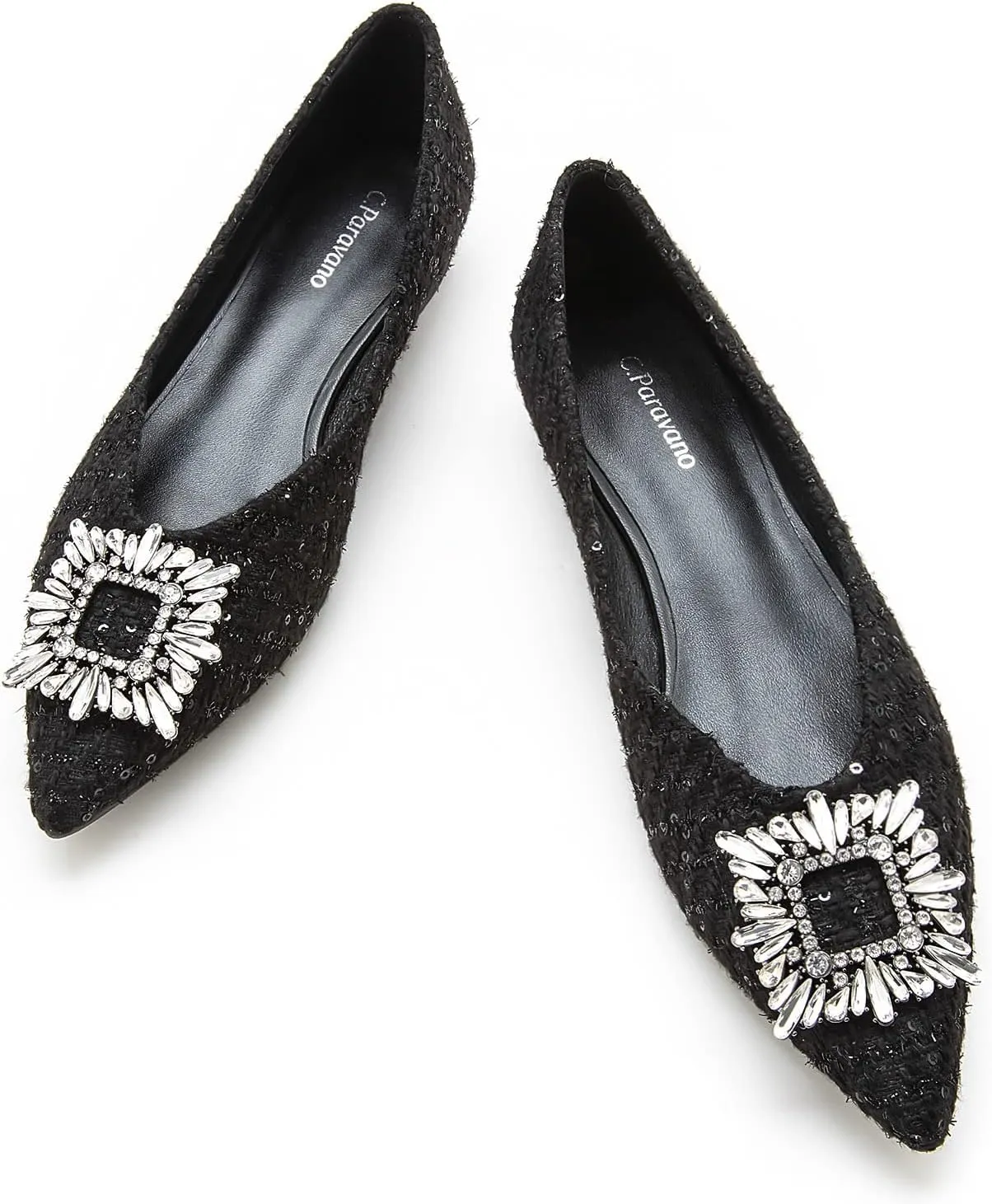 C.Paravano Women's Crystal Buckle Ballet Flats - Pointed Toe Slip On Dressy Shoes