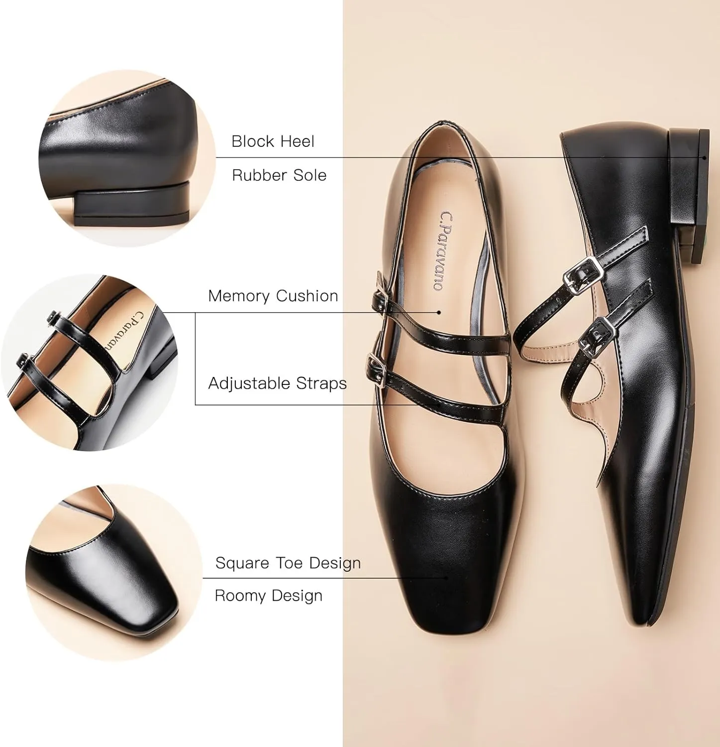 C.Paravano Women's Flats Mary Jane Flats Ballet Flats for Women Square Toe Block Heel Adjustable Straps Flat Fashion Casual Dressy Shoes
