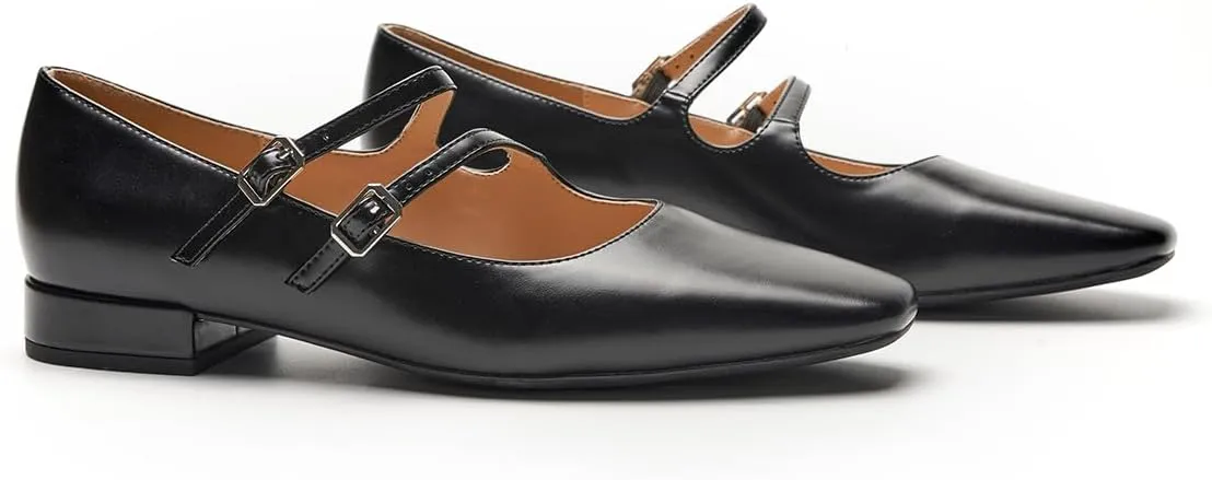 C.Paravano Women's Flats Mary Jane Flats Ballet Flats for Women Square Toe Block Heel Adjustable Straps Flat Fashion Casual Dressy Shoes