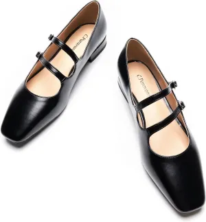 C.Paravano Women's Flats Mary Jane Flats Ballet Flats for Women Square Toe Block Heel Adjustable Straps Flat Fashion Casual Dressy Shoes