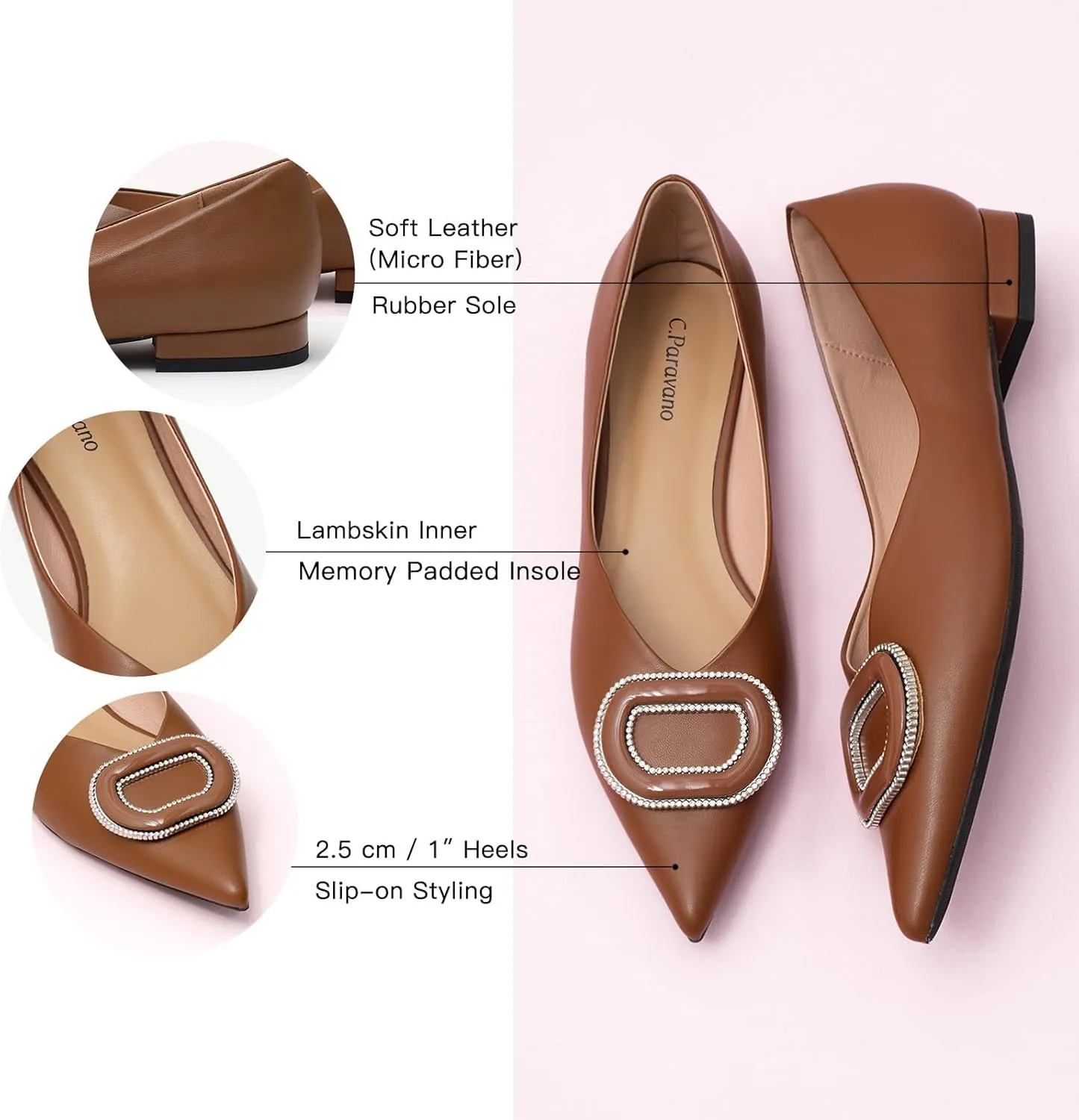 C.Paravano Women's Flats Pointed Toe Flats for Women Designer Ballet Flats Leather Flats Shoes for Women Dressy Casual Work Office Party Shoes