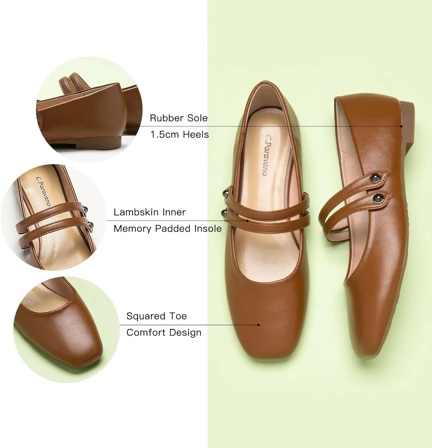 C.Paravano Women's Mary Jane Flats | Closed Toe Mary Jane Shoes for Women | Slip On Mary Janes Ballet Flats | Dress Strap Shoes for Casual Work Office & Wedding Business