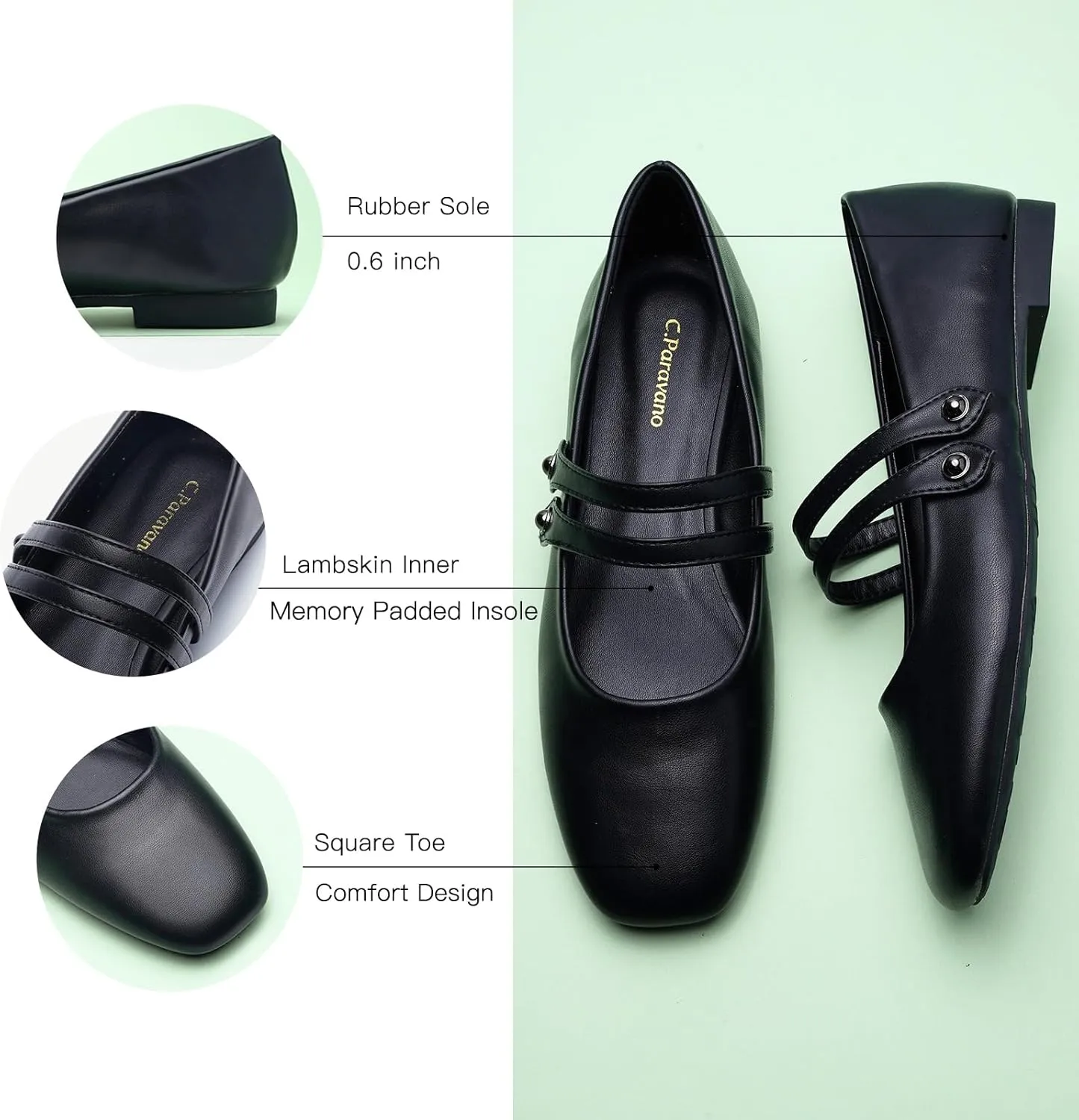 C.Paravano Women's Mary Jane Flats,Square Toe Mary Jane Shoes for Women,Mary Jane Ballet Flats,Slip On Dress Strap Shoes for Casual Work Office & Wedding Business